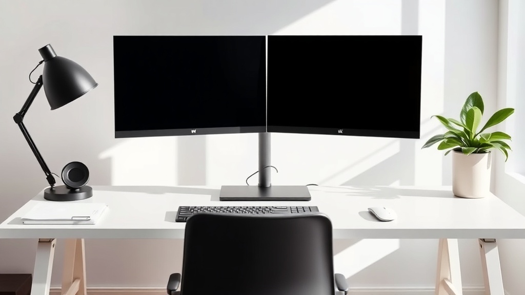 깔끔하게 정리된 책상 위에 놓인 고해상도 듀얼 모니터 작업 환경