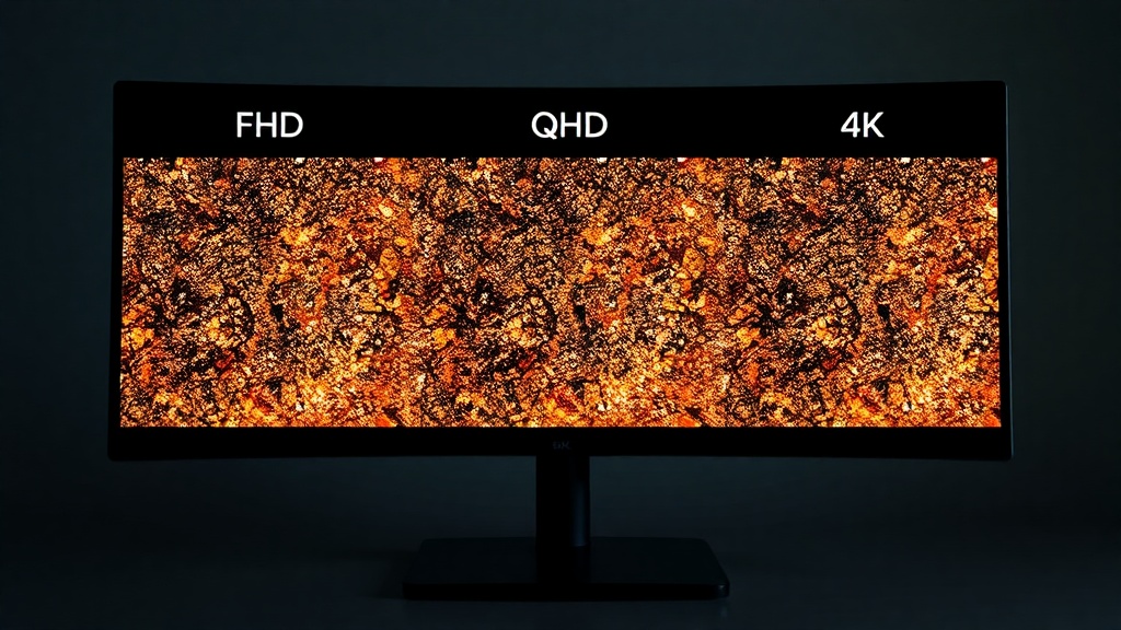 다양한 해상도의 픽셀 밀도를 시각적으로 비교하여 선명도 차이를 설명하는 모니터 화면 예시