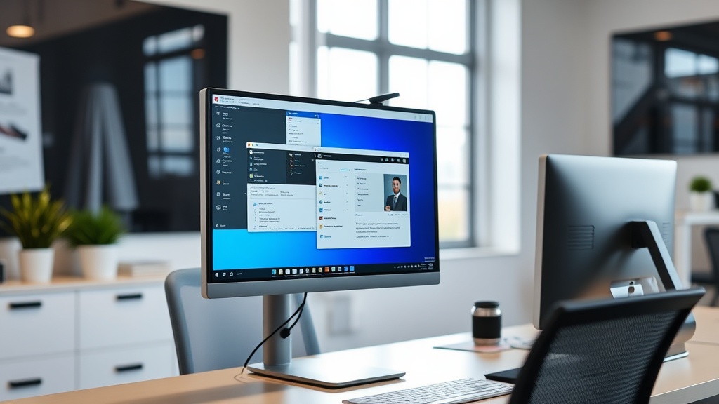 고해상도 모니터에서 여러 개의 창을 띄워 작업 효율성을 보여주는 사무용 데스크탑 환경