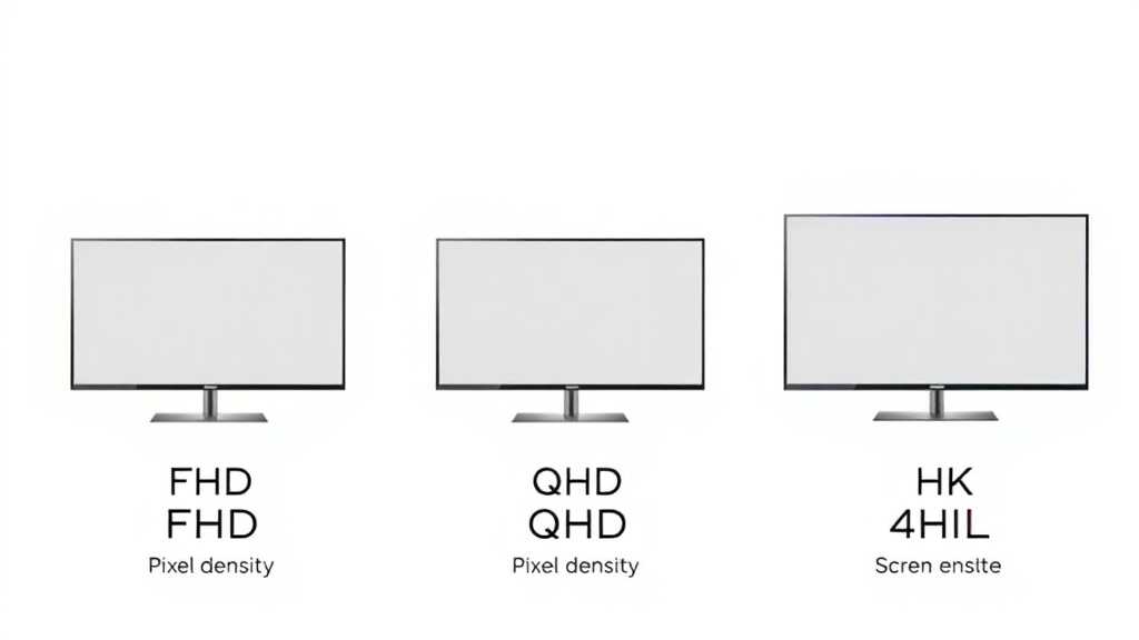 FHD, QHD, 4K 해상도의 픽셀 밀도와 화면 표시 영역의 차이를 보여주는 비교 그래픽